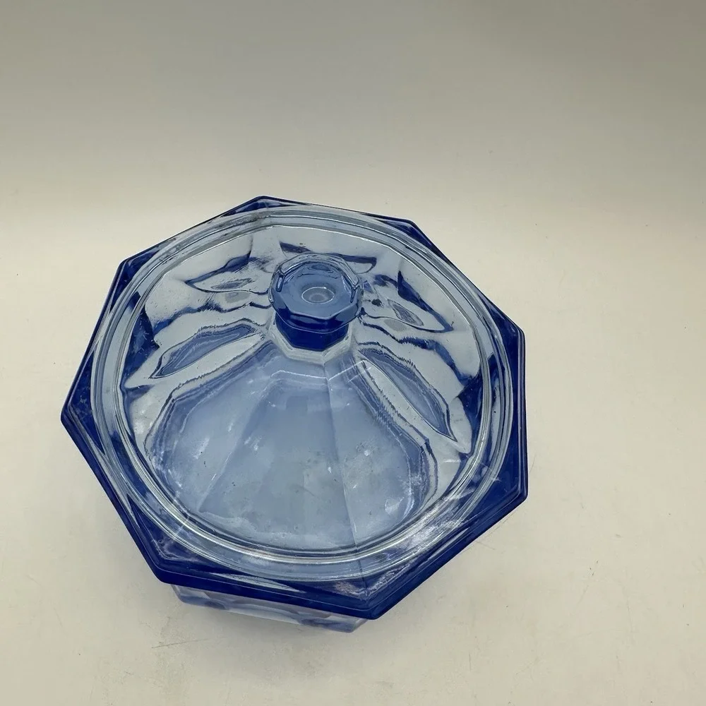Vintage Indiana Glass Company‎ Concord Candy Dish W/Lid Blue Octagon 5.5